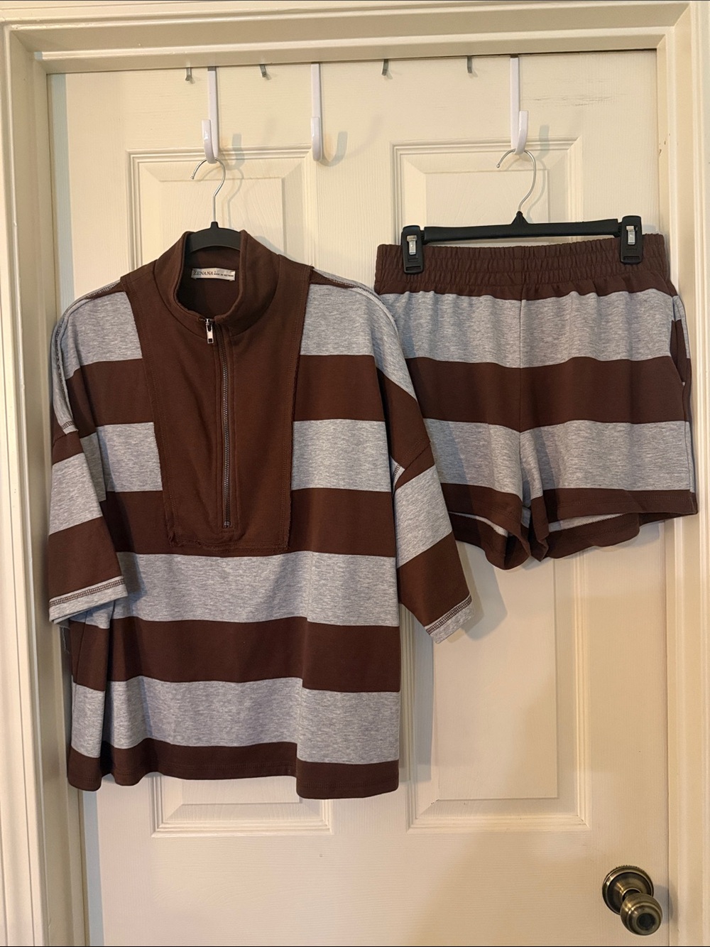 Zenana Outfitters Brown & Gray Striped Women's Short Set